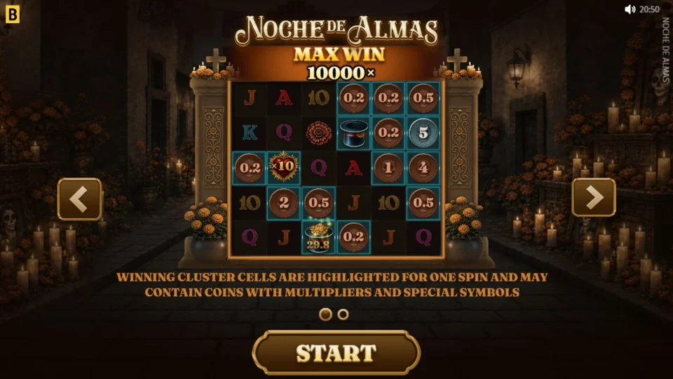 Noche de Almas: Intro slide with MAX WIN 10000x above highlighted cells holding Coins from 0.2 to 5, a x10 Heart and a Top Hat showing 29.8