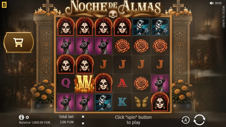 Noche de Almas: Demo board of six reels and five rows at a FUN 2.00 total bet, FUN 1,000.00 balance and the buy cart on the left