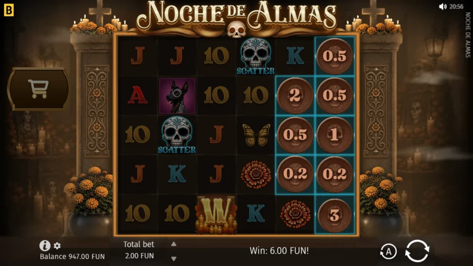 Noche de Almas: Eight Coins valued 0.2 to 3 fill the highlighted cells of reels 5 and 6 in a base spin, Win at FUN 6.00