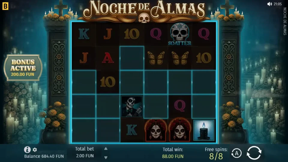 Noche de Almas: Twelve highlighted cells emptied by the Candle on the last bought free spin, waiting for new symbols