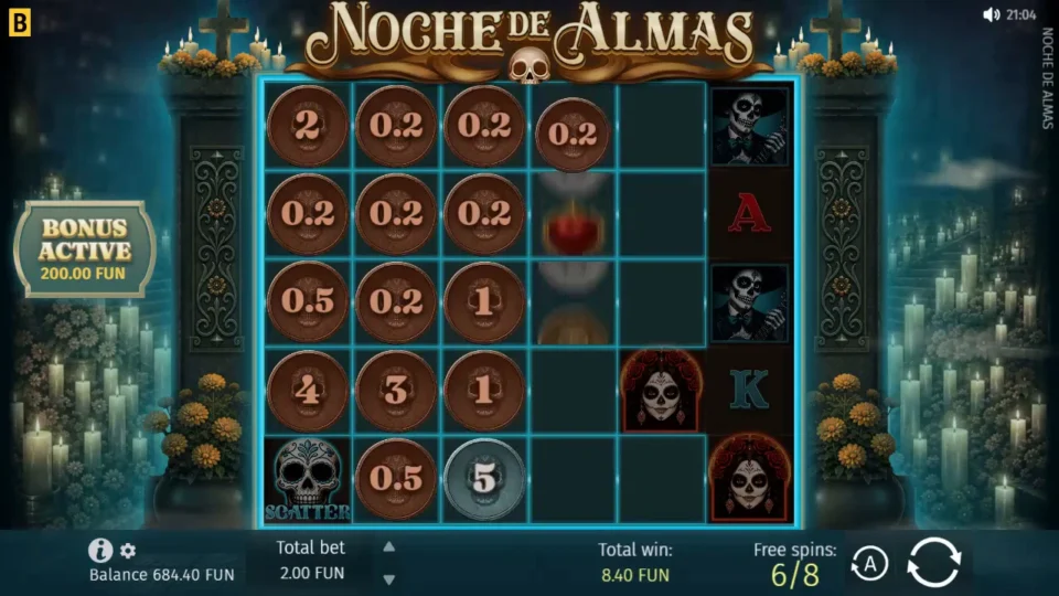 Noche de Almas: Coins from 0.2 to 5 drop into the highlighted cells of reels 1 to 3 on bought spin 6 of 8, with FUN 8.40 in Total win