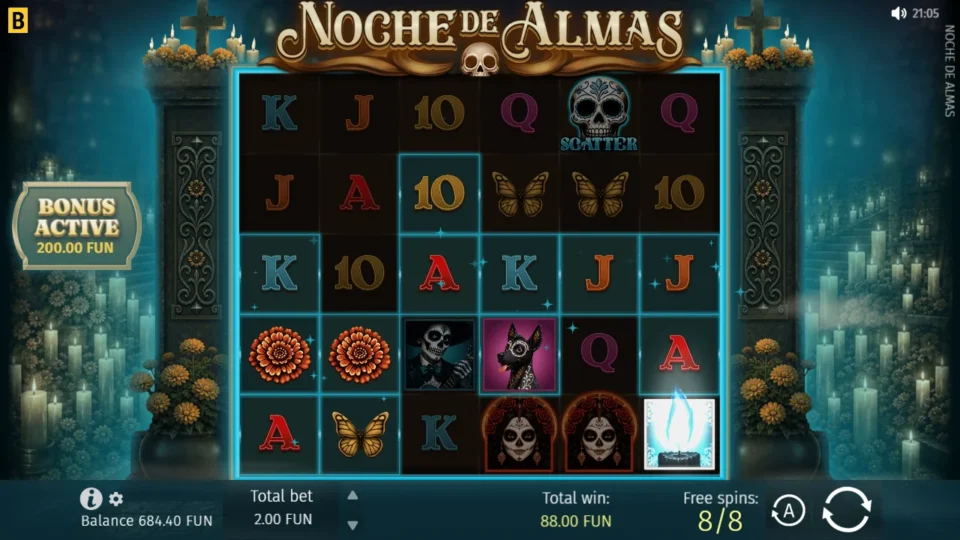 Noche de Almas: Last bought free spin starting with FUN 88.00 banked and a Candle flaring on reel 6 beside the highlighted cells