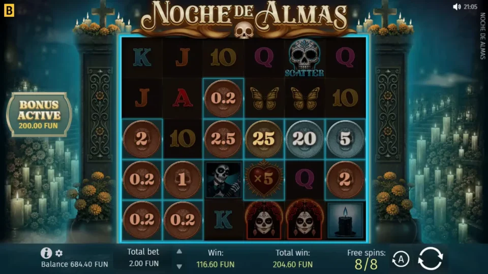Noche de Almas: Bought bonus result of FUN 204.60 in Total win, eleven Coins and a x5 Heart left from the last spin worth FUN 116.60
