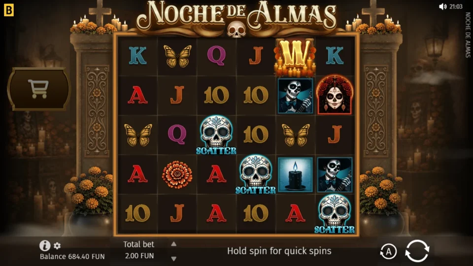Noche de Almas: Three Scatters on reels 3, 4 and 6 of the spin bought for FUN 200, which opens the free spins