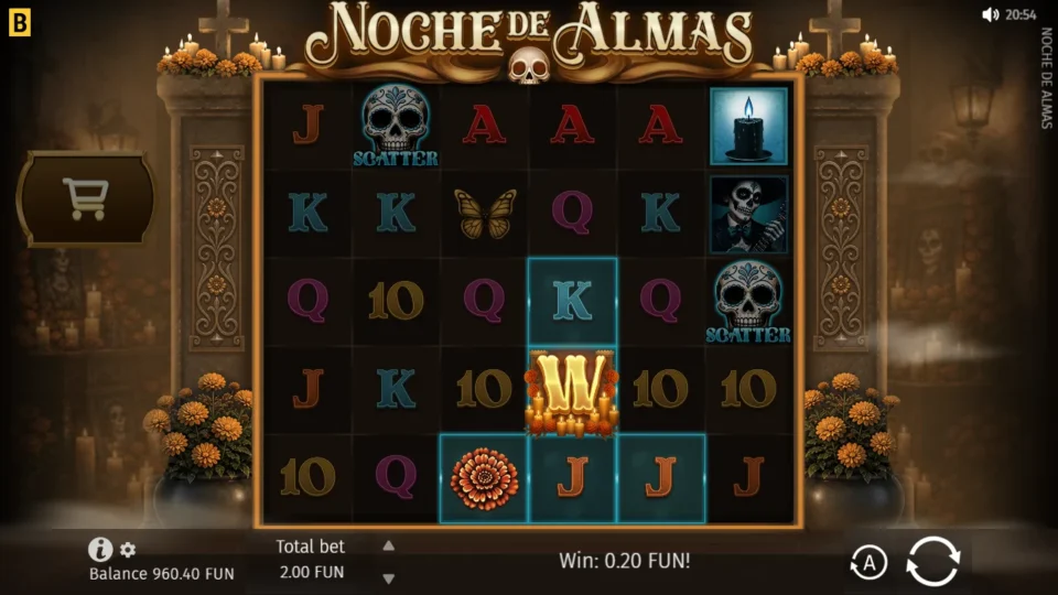 Noche de Almas: Five highlighted cells around a Wild on reel 4 and a Candle at the top of reel 6, with a FUN 0.20 win