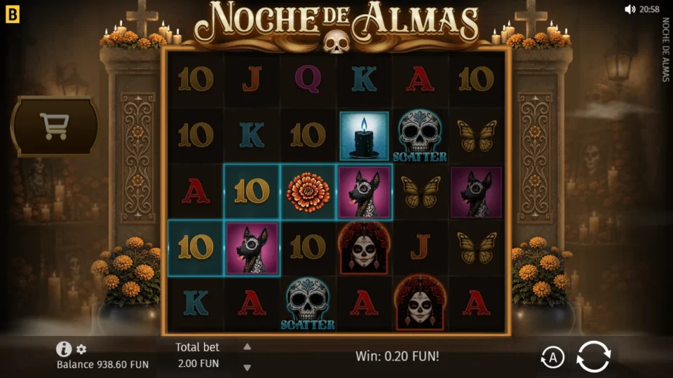 Noche de Almas: A Candle above five highlighted cells on reels 1 to 4, two Scatters elsewhere and FUN 0.20 on the win line