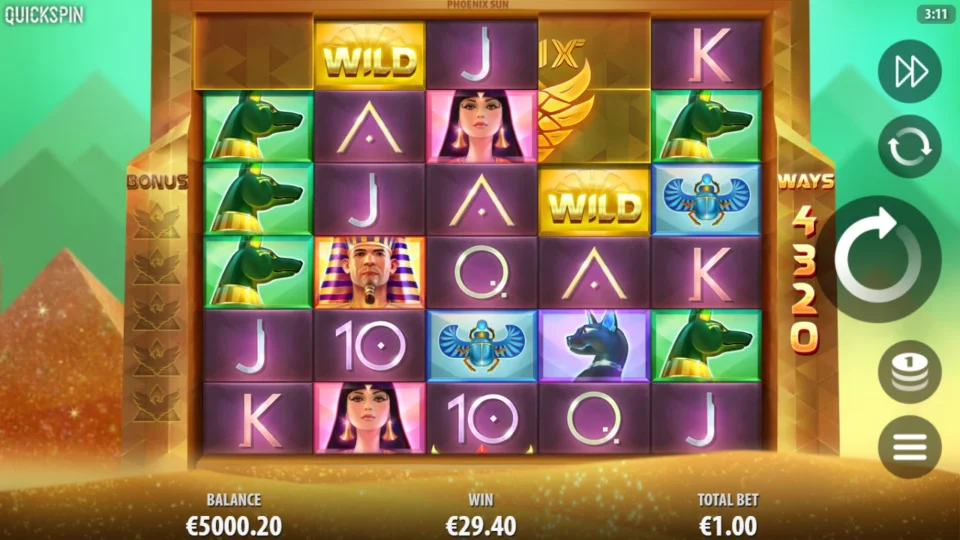 Phoenix Sun: Two gold Wilds on a 4,320-ways layout with EUR 29.40 in the win box