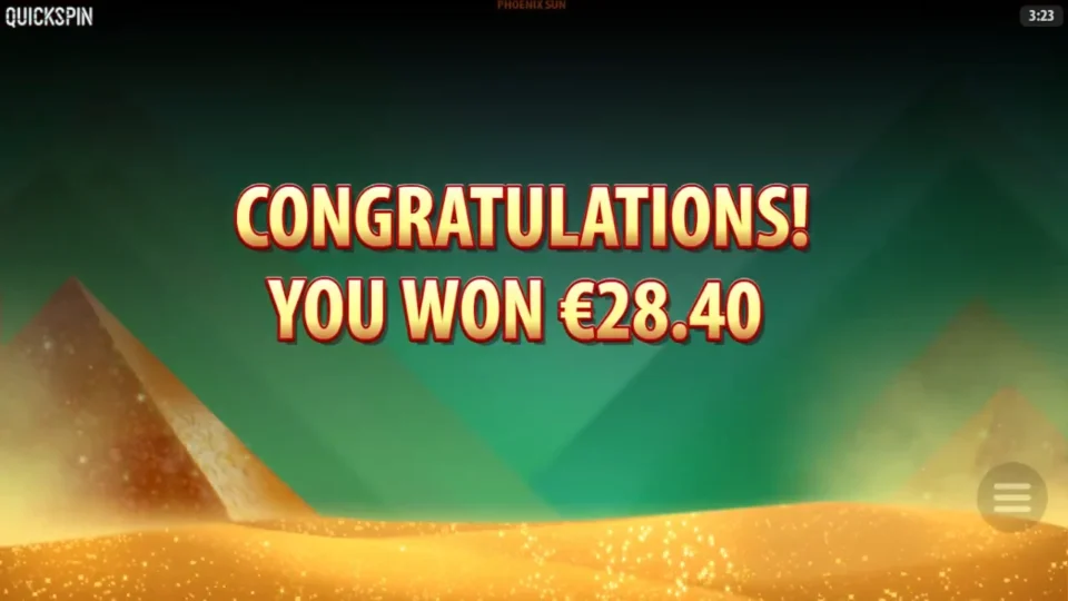 Phoenix Sun: Bonus result card, You Won EUR 28.40 after eight free spins