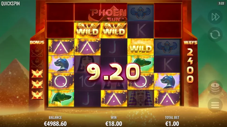 Phoenix Sun: Three Wilds in a 9.20 respin win on 2,400 ways, the win box at EUR 18.00