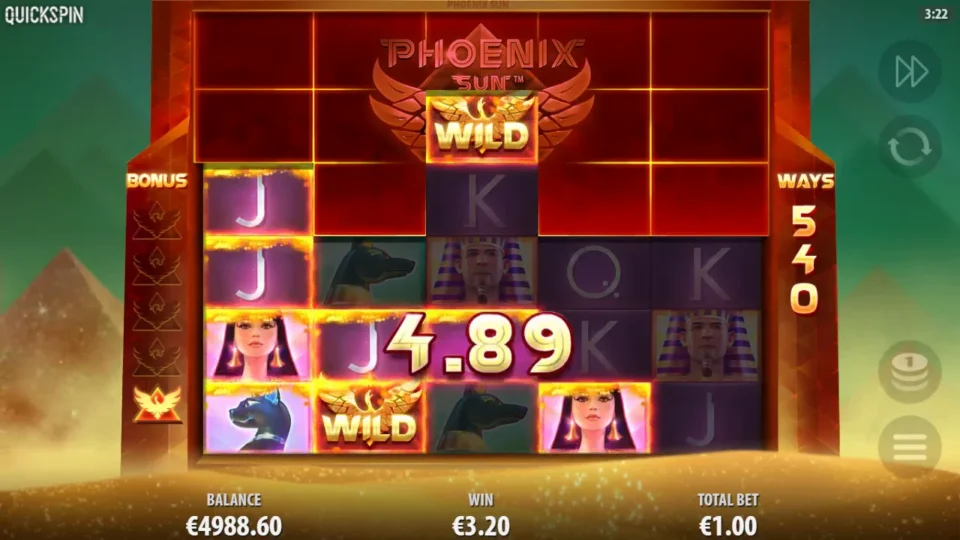 Phoenix Sun: First tiles burned off, 540 ways, and a respin win counting past 4.89