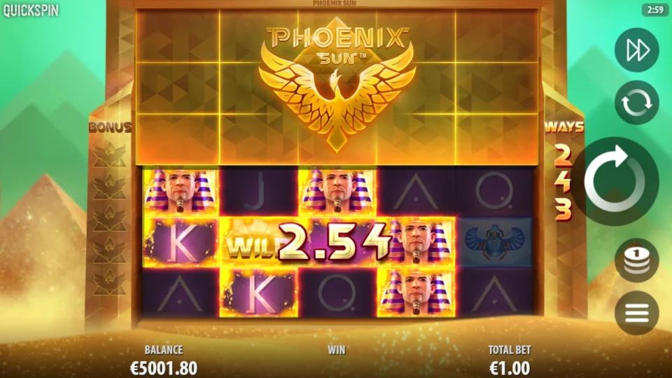 Phoenix Sun: A Wild completes a pharaoh win on 243 ways, the count at 2.54
