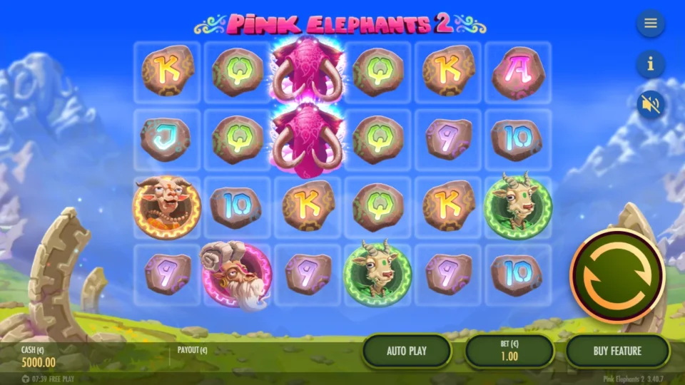 Pink Elephants 2 – Reborn: Two Pink Elephants stacked on reel three open the six-by-four field at a EUR 1.00 bet