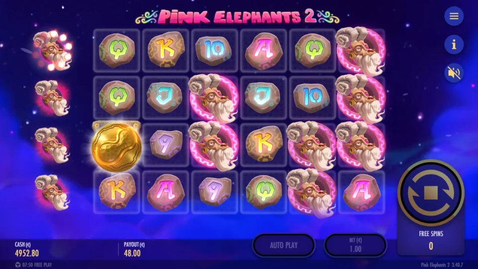Pink Elephants 2 – Reborn: The counter reads FREE SPINS 0 with the ram meter three steps up and EUR 48.00 on the payout line