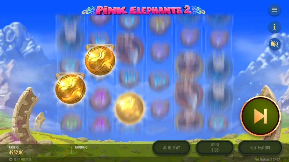 Pink Elephants 2 – Reborn: Scatter medallions settle on the first three reels while the rest of the screen still spins