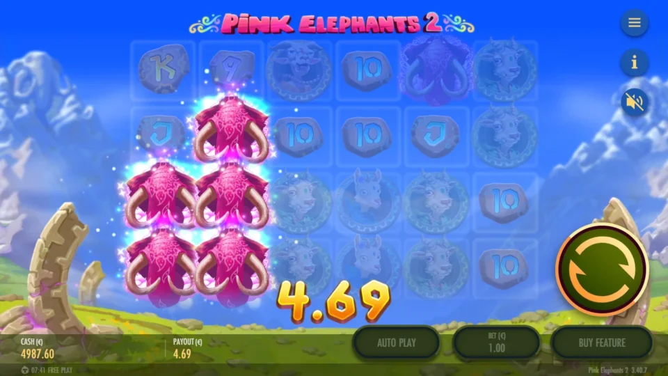 Pink Elephants 2 – Reborn: Pink Elephants fill reels one and two three high while the win counter climbs past EUR 4.69