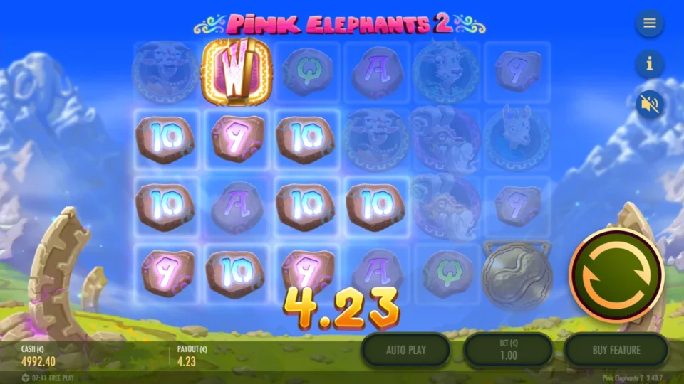 Pink Elephants 2 – Reborn: A Wild on reel two links a run of Tens as the counter passes EUR 4.23