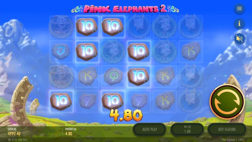 Pink Elephants 2 – Reborn: Tens across the first four reels pay EUR 4.80