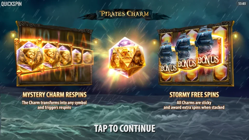 Pirates Charm: The opening cards introduce Mystery Charm Respins and sticky Charms in Stormy Free Spins