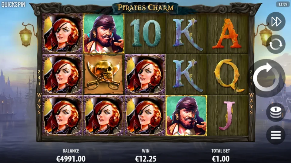 Pirates Charm: Framed red-haired pirates stay on the first three reels beside a settled EUR 12.25 win