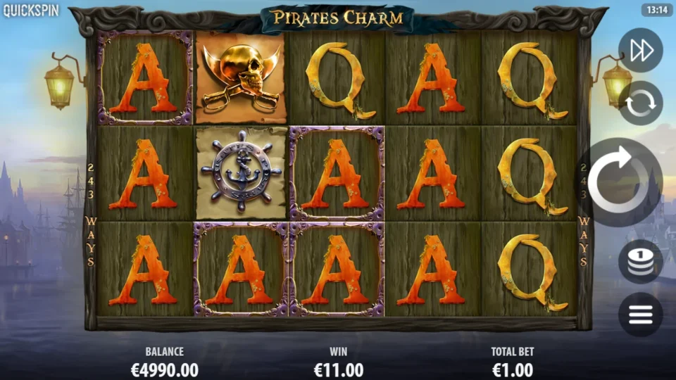 Pirates Charm: Aces span the first four reels with four held Charm positions and EUR 11 displayed