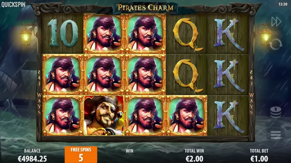 Pirates Charm: Eight held Charms reveal the bandana pirate while five free spins remain