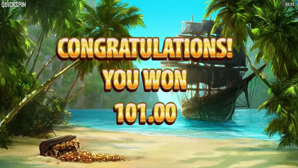 Pirates Charm: The completed bonus result reads EUR 101 against the beach and pirate ship