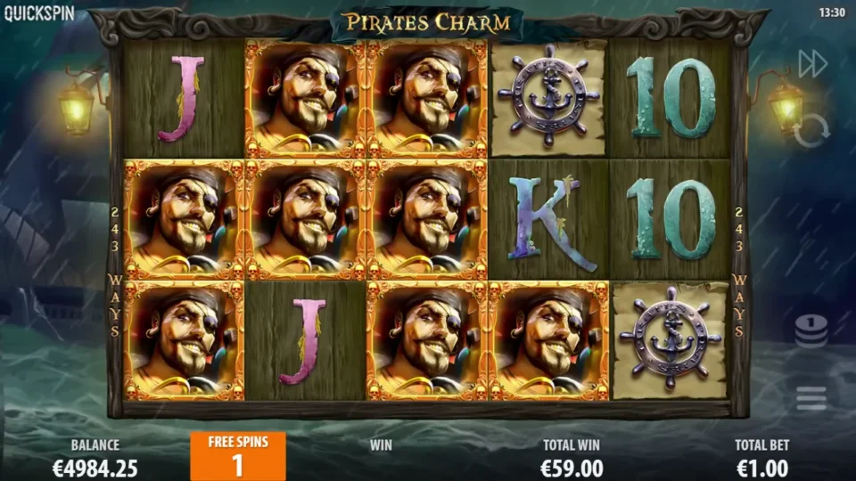 Pirates Charm: The same eight held positions reveal Captains later, with EUR 59 accumulated and one spin remaining