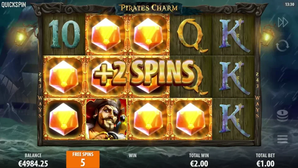 Pirates Charm: The third reel fills with Charms and the +2 SPINS award raises the remaining counter to five