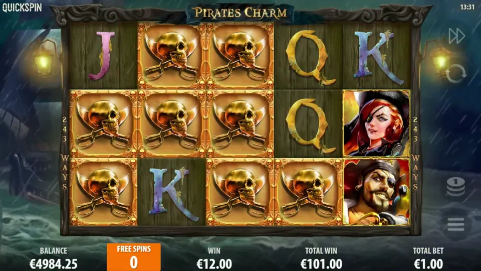 Pirates Charm: The final spin pays EUR 12 from skulls and brings the bonus total to EUR 101