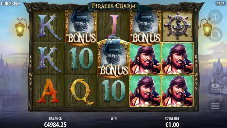 Pirates Charm: Three Bonus ships occupy reels two, three and four before Stormy Free Spins begin
