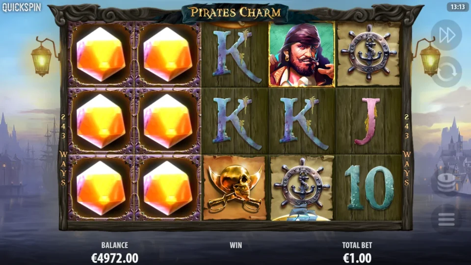 Pirates Charm: Six Mystery Charms cover the first two reels while two Kings occupy reel three
