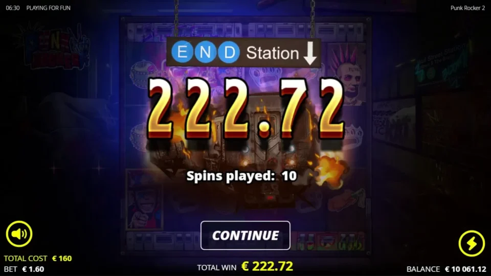 Punk Rocker 2: The result shows ten completed free spins, EUR 222.72 won and a balance of EUR 10,061.12