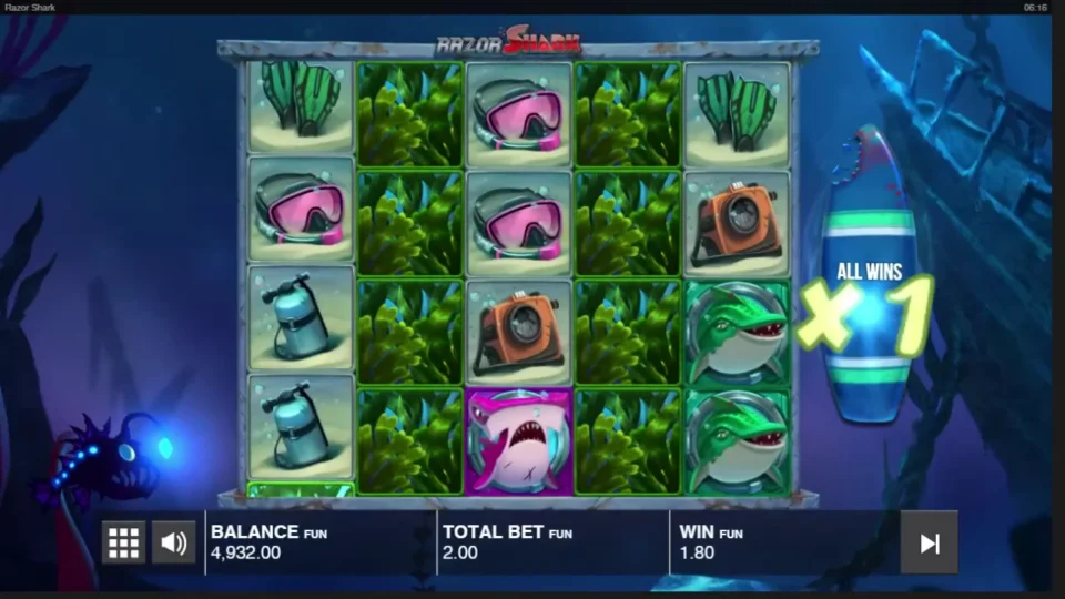 Razor Shark: Mystery Stacks fill the second and fourth reels on the first free spin at x1