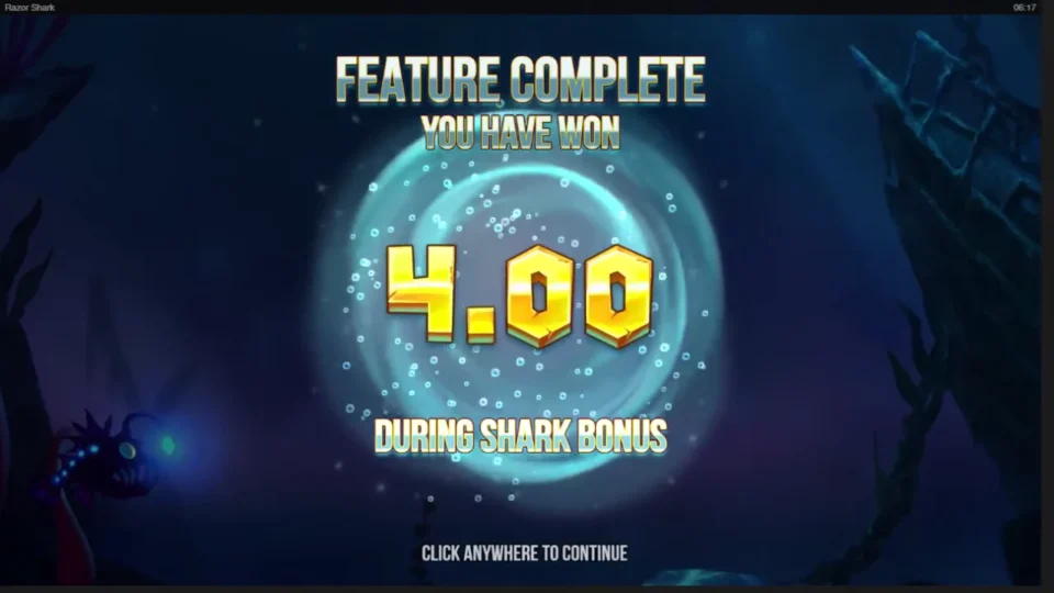 Razor Shark: Shark Bonus result card showing 4.00 for the round, 1.80 of it from the trigger spin