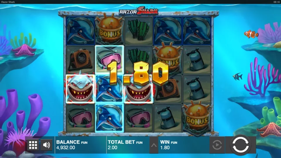 Razor Shark: Three Sea Mine Scatters start the free spins on a spin that also pays 1.80