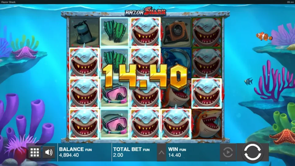 Razor Shark: Wild sharks spread across the reels as line wins reach 14.40