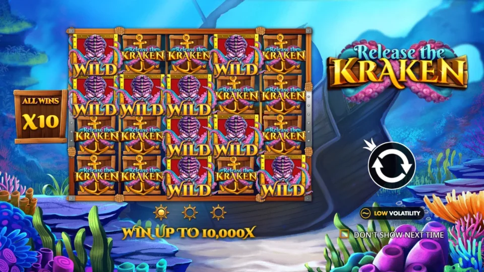 Release the Kraken: Kraken Wilds and anchor logos crowd the intro reels beside an ALL WINS x10 crate, above a promise of wins up to 10,000x