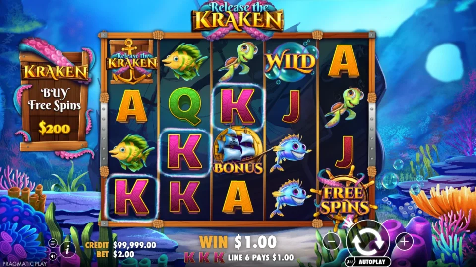 Release the Kraken: Three kings pay USD 1.00 on line 6 while a BONUS ship waits on reel 3 and the FREE SPINS wheel on reel 5, one ship short of the feature