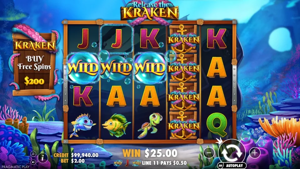 Release the Kraken: Three bubble Wilds across the second row and four anchor logos stacked on reel 4 add up to a USD 25.00 base win