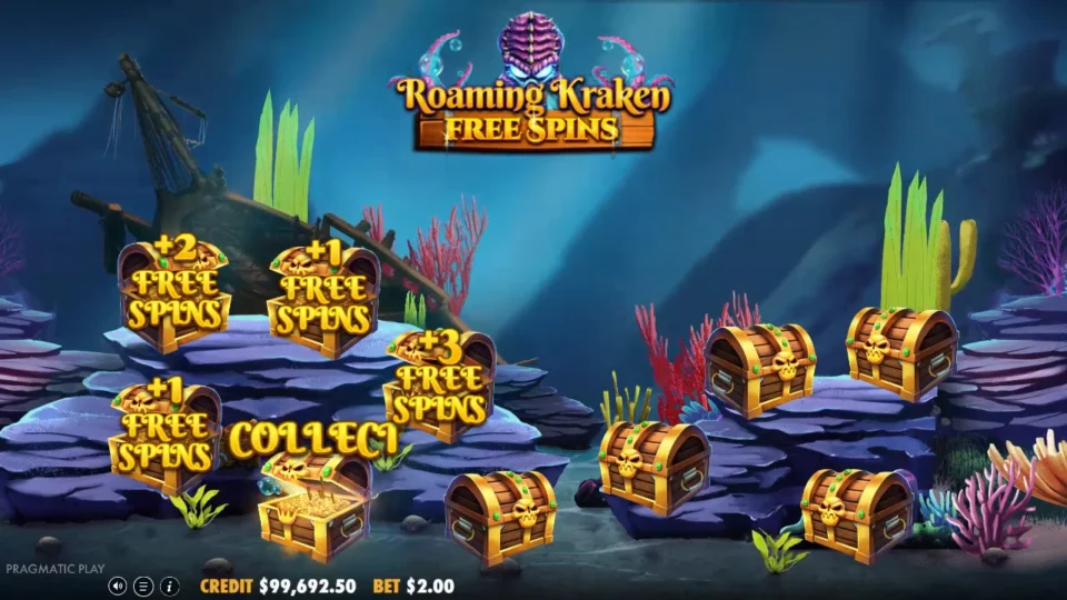 Release the Kraken: Chests opened before the free spins show +2, +1, +3 and +1, then COLLECT stops the pick at seven spins
