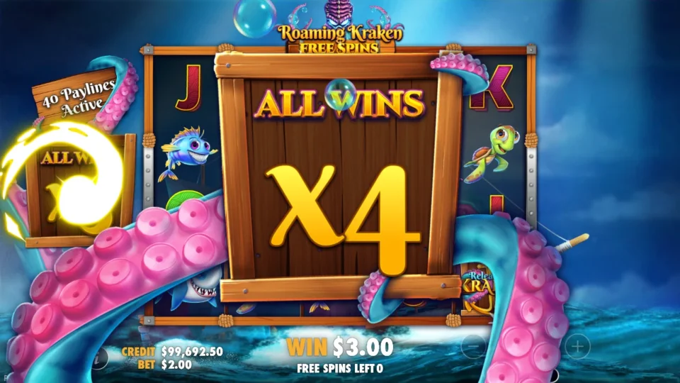 Release the Kraken: The crate jumps to ALL WINS x4 on the last free spin, before that spin pays, with USD 3.00 won up to then