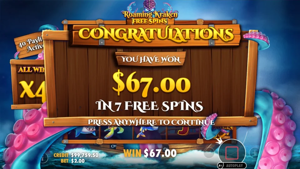 Release the Kraken: Tentacles frame the CONGRATULATIONS board with the purchase result, USD 67.00 won in 7 free spins