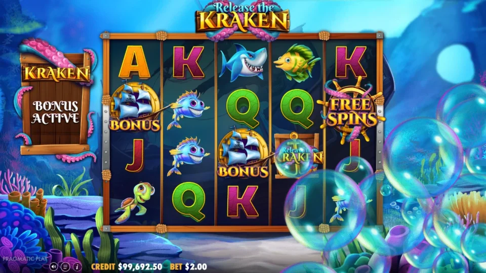 Release the Kraken: After the USD 200 purchase, BONUS ships land on reels 1 and 3 with the FREE SPINS wheel on reel 5, and the side sign switches to BONUS ACTIVE