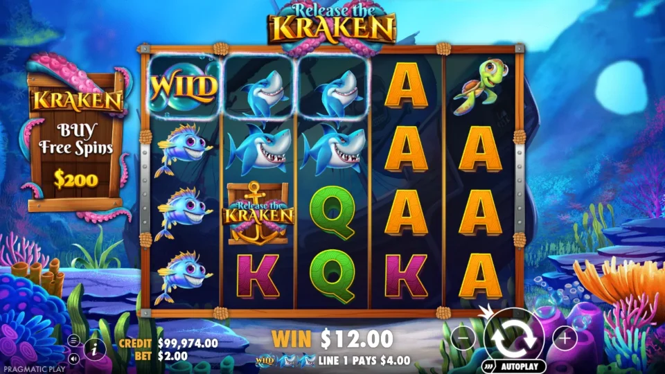 Release the Kraken: A bubble Wild in the top-left corner joins two sharks for USD 4.00 on line 1, part of a USD 12.00 spin