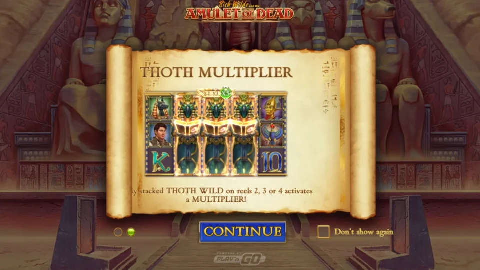 Rich Wilde and the Amulet of Dead: Opening card explaining the Thoth Multiplier for stacked Thoth Wilds on reels two to four
