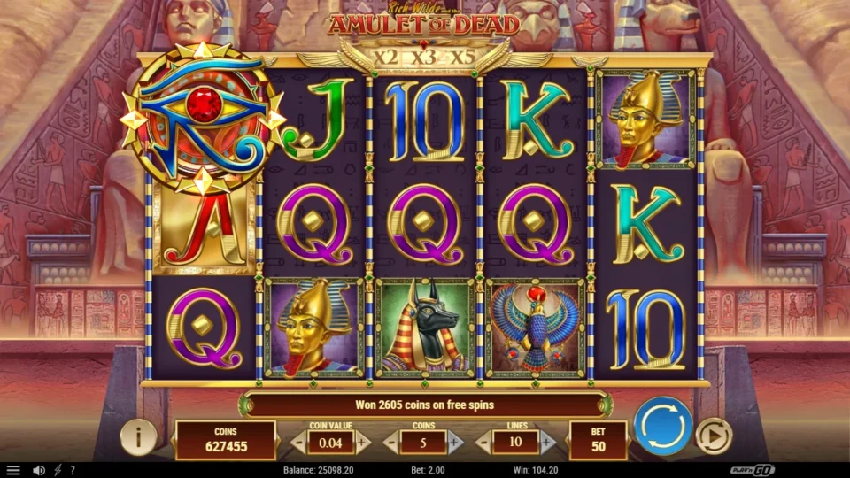 Rich Wilde and the Amulet of Dead: Back in the base game, 2605 coins won on free spins is the result of a retriggered bonus