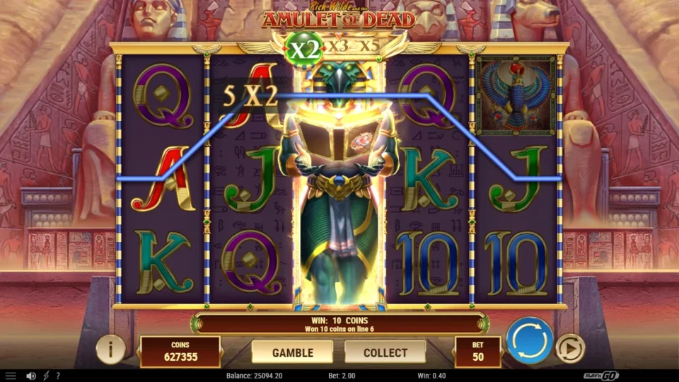 Rich Wilde and the Amulet of Dead: A full Thoth Wild on reel three joins two A symbols on line 6, and x2 turns 5 coins into 10