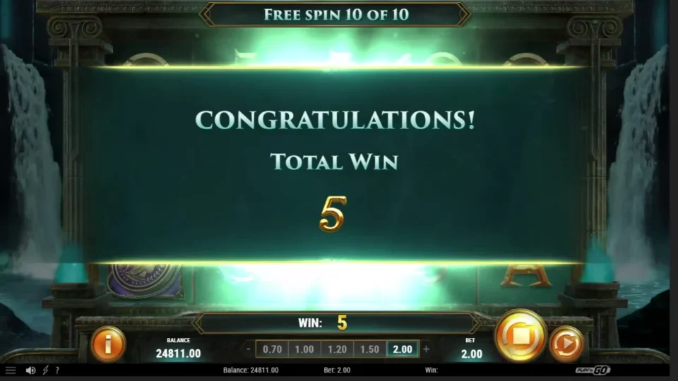 Rich Wilde and the Shield of Athena: Congratulations card with a natural free spins result of 5