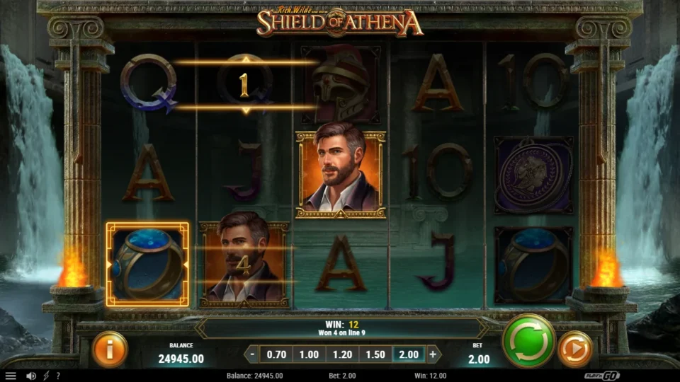 Rich Wilde and the Shield of Athena: A Rich Wilde Wild carries a ring line and the WIN box reads 12