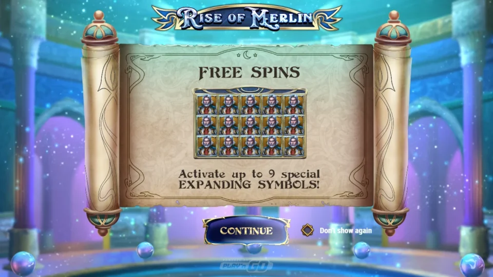 Rise of Merlin: Opening scroll promising up to nine special expanding symbols in free spins